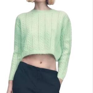 Zara Mint Green Alpaca Wool Blend Cropped Cable Knit Cropped Sweater Size Medium
